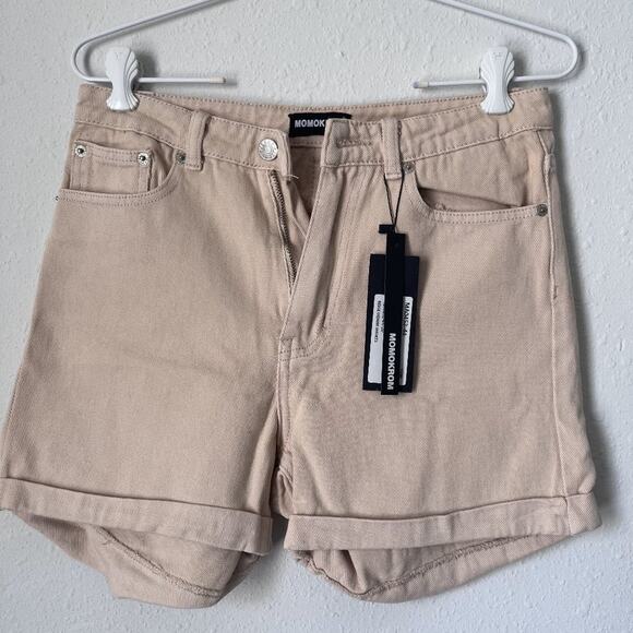NWT size 6 Momokrom High Waisted Cuff Hem Beige Denim Shorts - Picture 1 of 4